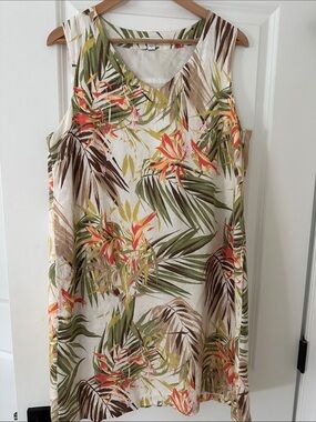 J.Jill Love linen Tropical Print V-Neck Dress - Coral & Olive